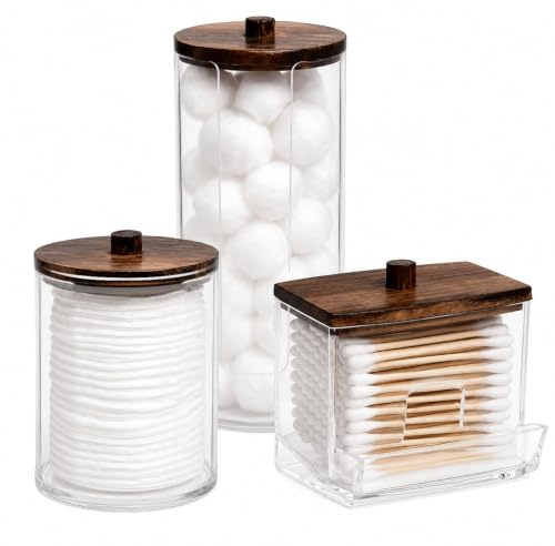 Kaizuca Set da 3 Dispenser per Dischetti di Cotone, Contenitori in Acrilico con Coperchio in Legno, Scatola per Cotton Fioc, Organizer Cosmetici per Accessori da Bagno