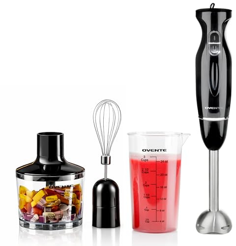 OVENTE Immersion Hand Blender Set, 300W Corded Electric Handheld Stick Mixer, 2 Mixing Speeds with Stainless Steel Blades, Egg Whisk, Beaker & BPA-Free Food Chopper, Black HS565B