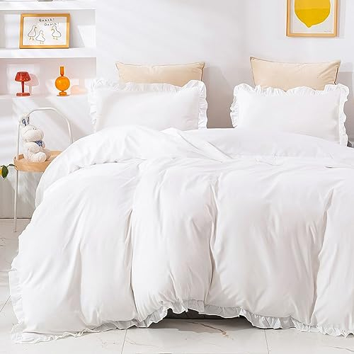 AShanlan Bettwäsche Rüschen 155x220 Weiß Uni Einfarbig Romantisch Rüschenbettwäsche Set 2 Teilig 100% Weich Mikrofaser Deckenbezug mit Kissenbezug 80x80 cm Reißverschluss