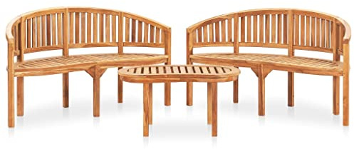 vidaXL Teak Massiv Gartenmöbel 3-TLG. Bananenbank Gartenset Bank Banana Tisch Lounge Sitzgruppe Gartentisch Gartenbank Holzbank Sitzbank