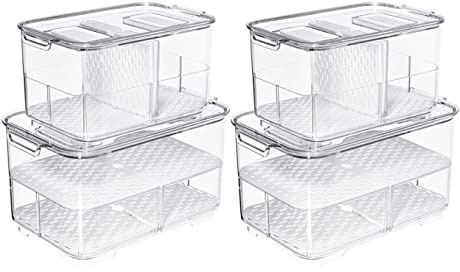 SANNO Fridge Produce Saver Storage Vegetable Fruit Containers Food Produce Saver Container Stackable Refrigerator Organizer Bins Fresh Keeper Drawers Organizer, Set of 4