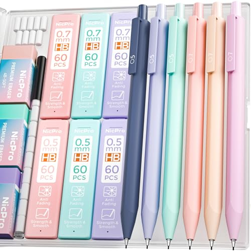 Nicpro 6PCS Cute Mechanical Pencil Set with Case, Pastel Mechanical Pencils 0.5mm & 0.7mm with 6 Tubes HB Lead Refills, 12PCS Erasers, Aesthetic Stationery & School Supplies for Girls Writing Drawing
