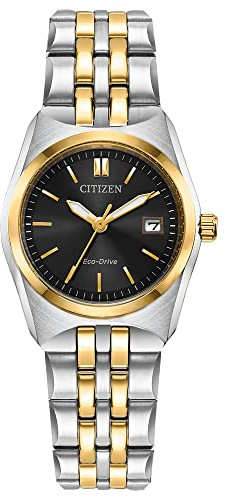 Citizen Women's Eco-Drive Corso Classic Watch in Two-Tone Stainless Steel, Black Dial (Model: EW2299-50E)