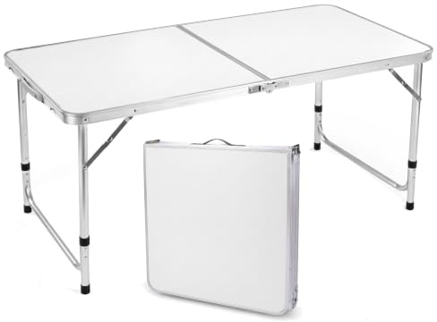 REQUISITE NEEDS Indoor Outdoor (4ft) Folding Camping Table Picnic Table with Adjustable Height, Aluminium Foldable Portable for Kitchen Garden Party Compact Small BBQ Picnic Table