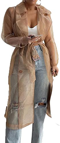 SOMTHRON Women's Sheer Mesh Long Sleeve Jacket Summer See Through Belted Button Down Lightweight Cardigan KH-L