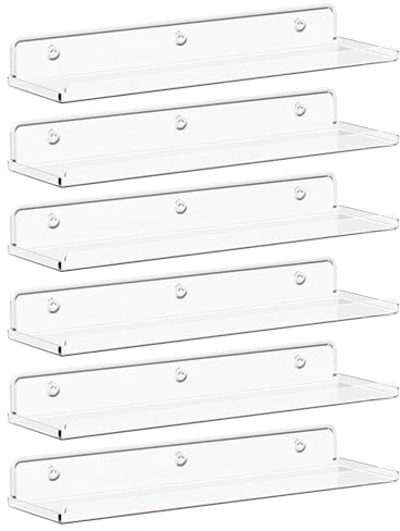 Lifewit Floating Shelves for Bathroom, Acrylic Wall Organizer for Perfume, Makeup, Figures, Nail Polish, Photo, Book, 14 Decor Display Rack for Nursery, Living Room, Bedroom, Kitchen, Clear, 6 Pack