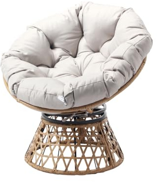 CONCEPT USINE | Poltrona relax in resina effetto rattan naturale con cuscino grande | Design PAPAZAN Beige | Struttura robusta in acciaio + vernice epossidica | Seduta a 360° | Cuscino in poliestere