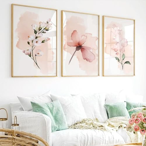 Floral Wall Art Set of 3 Large Pink Flower Canvas Wall Art for Living Room Rustic Nature Botanical Painting Prints Boho Pictures Coquette Preppy Wall Decor for Bathroom 12X16 Unframed