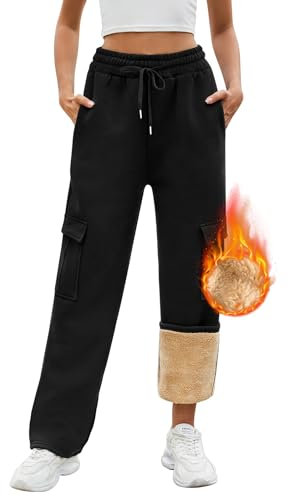 PASUDA Womens Fleece Lined Joggers Pant Winter Warm Sherpa Joggong Bottom Thermal Trousers Cotton Straight Leg Baggy Sweatpants Tracksuit Bottoms Cargo Lounge Pants with Drawstring Pockets (Black, M)