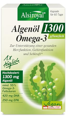 Alsiroyal Algenöl 1300 – Omega 3 hochdosiert mit 420mg DHA + 250mg EPA pro Kapsel – 55% Omega 3 - stark für Herz, Augen und Gehirn - laborgeprüft, vegan, hergestellt in D.