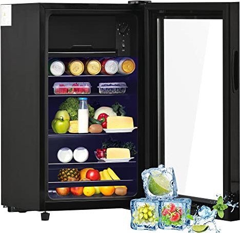 Merax Mini frigorifero con porta in vetro e LED, frigorifero per bottiglie, frigorifero per bevande, 6L + 70L per ghiaccio, -10-0℃, 83kWh/anno, 71,6 x 40,0 x 43,5 cm, adatto per uffici/casa