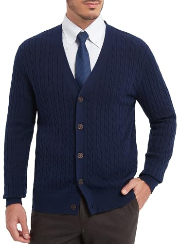 Kallspin Cardigan en tricot torsadé pour homme en pur coton avec col en V et boutons, bleu marine, Taille L