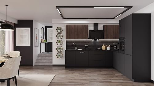 Winkelküche Siena + Monza 280x270 cm Küchenzeile Eckküche Küche Nußbaum Schwarz