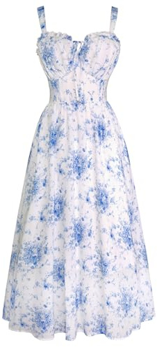 Summer Dresses for Women Floral Corset Dress Milkmaid Dress Boho Beach Dresses Blue L