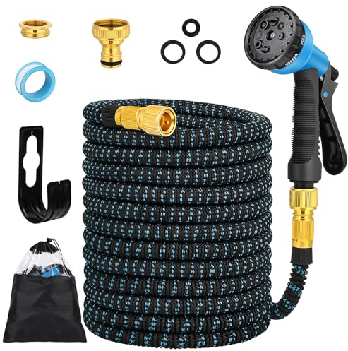 Tubo da Giardino Acqua Flessibile Estensibile 30m, 8 Funzioni di Spruzzo Tubo Acqua con Connettore in Ottone da 1/2 e 3/4, Adatto per Autolavaggio, Giardino, Prato, Bagni Animali (Blu)