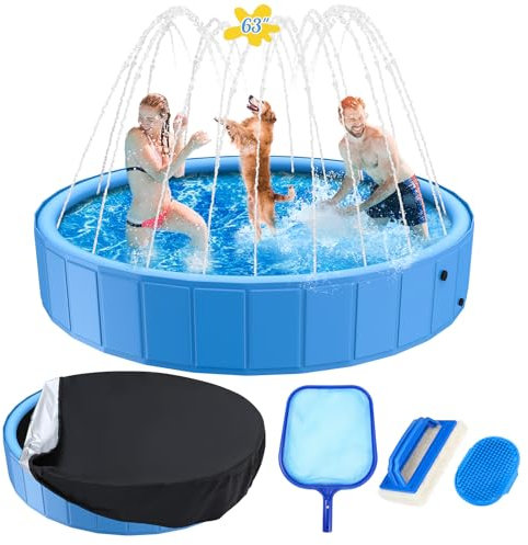 Yiyiring 63in Foldable Dog Pool with Cover, Splash Pad for Kids Dogs Pets | Doggie Swimming Pool with Sprinkler, Heavy Duty Bathtub for Summer Outdoor, Includes Cover and Cleaning Tools for Pets