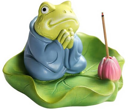 Tivleed Ceramic Green Frog Incense Holder with Lotus Leaf Tray – Cute Animal Statue Home Décor, Incense Burner for Sticks & Cones, Mini Zen Garden Accessory (8.5x7.5x5.7cm)