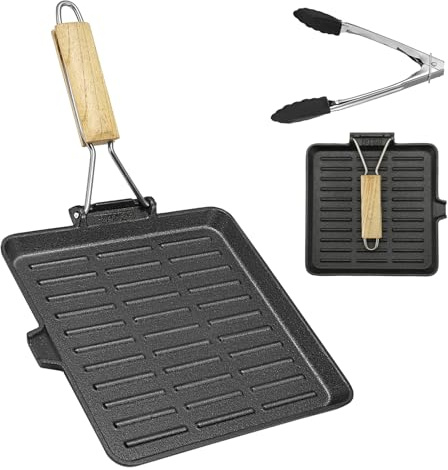 AWAOVV Steakpfanne Gusseisen,23x23cm Grillpfanne mit Klappbarem Holzgriff und Lebensmittelclips,Klappbarer Gusseiserne Pfanne, Antihaftbeschichtet Grillplatte Induktion Fischpfanne Eckige Pfanne