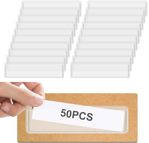 50 Stück Etikettenhalter Selbstklebend,11 x 3 cm Selbstklebende Regaletiketten,Visitenkartentaschen Selbstklebend,Wasserdichte Etikettenhalter Durchsichtige,Abnehmbare Klebetaschen für Regale,Ordner
