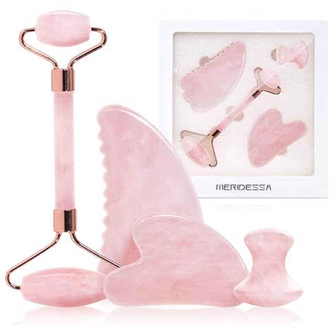 MERIDESSA Jade Roller & Gua Sha Set for Face – 4PCS Natural Facial Massage Tools Kit, Lymphatic Drainage Beauty Set for Depuffing, Skin Firming & Relaxation – Self Care & Gift Ready