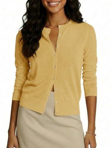 Saodimallsu Cárdigan de mujer de manga larga, ligero, cuello redondo, verano, fino, elegante, casual, liso, abrigo de punto con botones, amarillo, XXL