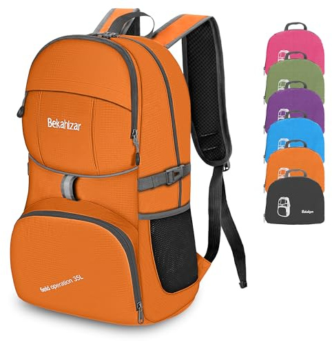 Bekahizar Lightweight Foldable Backpack 35L Hiking Rucksack Daypack Packable Travel Day Bag for Men Women Teens Outdoor Sports Walking Camping Travelling Cycling (Orange)