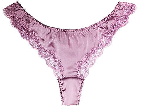 SilRiver dam sidensatin-tanga med spets, T-Back, mjuk och elegant, Lavenda, XL
