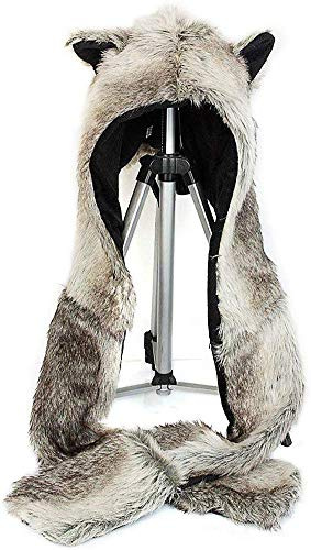 powerking Loup Chapeau d'animal, 3 en 1 Fonction Pleine Capuche Animale Chapeau Cache-Bonnet avec écharpe Chaude Mitaines Oreilles et Pattes