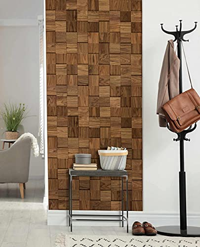 wodewa Wandverkleidung Holz 10x10cm 3D Optik Nussbaum geölt 1 Holzmosaikmatte Moderne Wanddekoration Holzverkleidung Wohnzimmer Küche