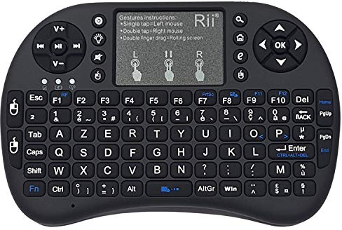 Rii i8+: Mini tastiera senza fili (AZERTY), retroilluminata, ergonomica con touchpad, per Raspberry 3/4, SmartTV, Mini PC, HTPC, Console, PC