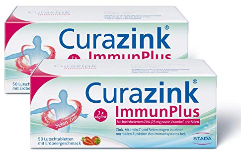 Curazink ImmunPlus - 2x Nahrungsergänzungsmittel zur Unterstützung des Immunsystems - mit hochdosiertem Zink (25mg), Selen und Vitamin C - 2 x 50 Lutschtabletten, 100 g