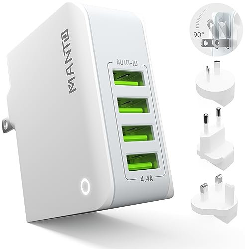 MANTO Adaptador de Viaje Internacional – Enchufe Universal para US, UK, EU, AU, 4 Puertos USB-A, Carga Rápida 4.4A/22W, Compatible con iPhone, Samsung, iPad...y