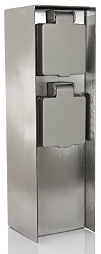 Bold Orio Aussen-Steckdose-Garten (Steckdosen-Säule) mit 2-Fach Stecker in Edelstahl (IP44 Outdoor Energie-Säule | Bis zu 3680 Watt | Eckig | 23x7x7cm | Einfache Montage)