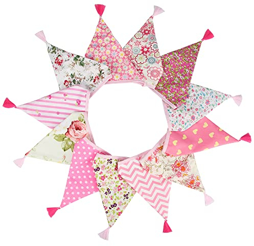 G2PLUS Stoff Wimpelkette mit Quasten, Rosa Stoffgirlande Beidseitig, 3.3M Stoff Wimpel Girlande mit 12 STK Farbenfroh Wimpeln für Hausbett, Kindergeburtstagsfeier Deko