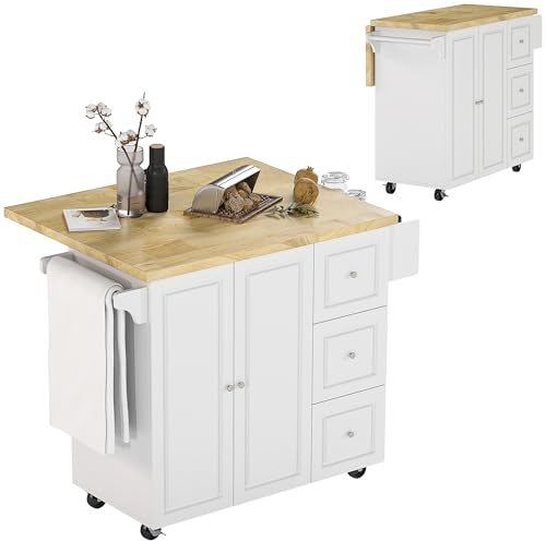 HOMCOM Kitchen Island on Wheels with Drop Leaf, Rubber Wood Top, White | Wooden Rolling Kitchen Storage Trolley, Drawers, Adjustable Shelf, Towel and Spice Rack, for Dining Room