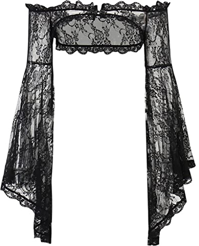 Goth Lace Sheer Shrugs Top Black Mesh Long Sleeve Crop Top Big Bell Sleeve Cropped Punk Bolero for Women