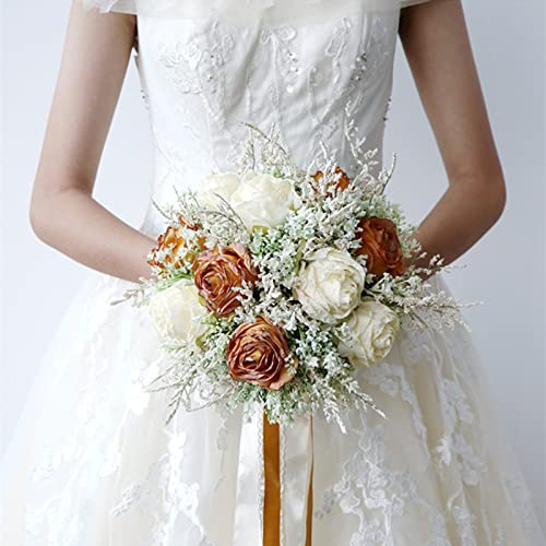 Fouriding Wedding Bouquet for Bride Caramel Burnt Edge Rose Bride Bridal Artificial Bouquet Bridesmaid Wedding Decoration Bouquets