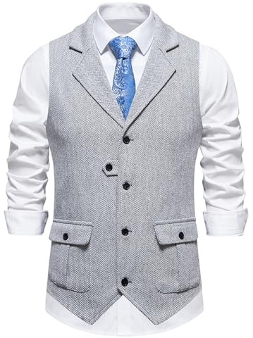 Gilet da uomo in tweed a spina di pesce, scollo a V, casual, per occasioni formali e informali, Grigio chiaro, S