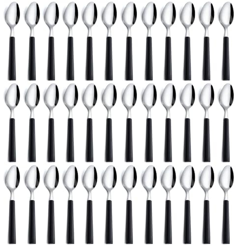 Pleafind Teaspoons Set of 36, Stainless Steel Teaspoons with Black Handles, Tea Spoons Set for Home/Kitchen/Restaurant, Mirror Polished Tea Spoons Cutlery, Coffee Spoon, 6.23 Inch, Dishwasher Safe