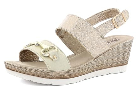 Sandali Donna in Ecopelle con Doppia Fascia e Zeppa, Plantare Imbottito, Fibbia e Cinturino Regolabile, Platino, 38