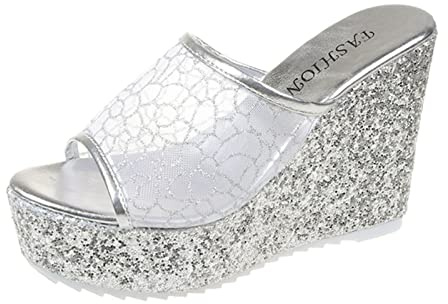 Sommar enfärgad paljetter nät öppen tå kilklack tjock sula sandaler damer sneakers skor, silver, 39 EU