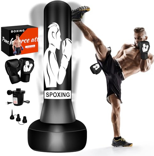 Sac de Boxe avec Support, 180 cm Autoportant - Équipement de Frappe Robuste pour Adultes - Conçu pour les Hommes pratiquant MMA, Muay Thai et Fitness - Un Sac de Kickboxing Gonflable Idéal Présenté