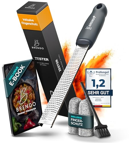 Brendo Premium Zester Reibe I Käsereibe Anthrazit I Edelstahlklinge I Knoblauchreibe, Muskatnuss Reibe, Zitronenreibe, Ingwerreibe, Parmesanreibe I Fingerschutz, Schutzhülle & Reinigungsbürste