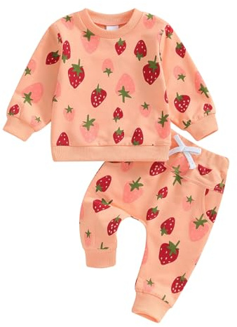 ESSECMBS Ensemble 2 Pièces Bébé Fille avec Motif Fraises, Sweat-shirt à Manches Longues et Pantalon Taille Elastique, 0-4 Ans