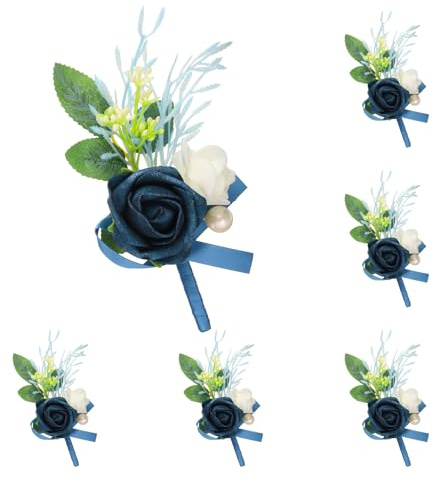 sourcing map 6pcs Navy Blue Boutonnieres for Men, Artificial Flower Buttonholes Pocket Corsage with Boutonnieres Pins for Wedding Bride Groom Ceremony Anniversary Formal Party