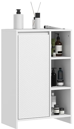 HOMCOM Mobiletto Bagno con 3 Ripiani Aperti e Armadietto a un'Anta, Mobile Bagno con Mensola Interna Regolabile, 53x30x80cm, Bianco