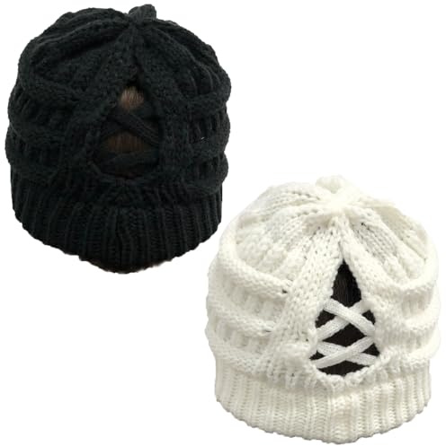 TMTGTS mjuka bollar vintermössa damer hästsvans mässigt bun beanie svans stickad slouchy hatt varm stretch flätor hål slinga stickad mössa för kvinnor flickor långt hår två stycken (1#)
