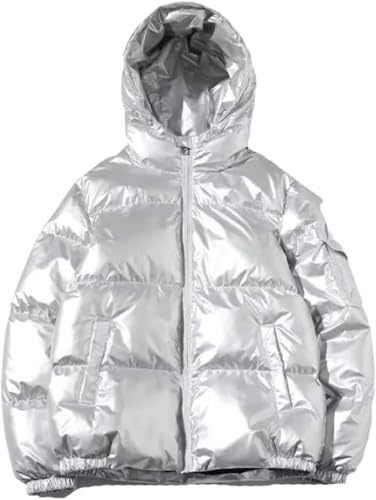 Chaqueta Invierno Engrosada cálido Brillante con Capucha Chaqueta de Plumas Ligero Viento y la Nieve Chaqueta metálica Brillante Abrigo Parka Invierno cálido Abrigo con Cremallera (Plateado,XL)