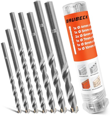 BAUBECK Steinbohrer Set für Akkuschrauber - Premium Stahl - Ø 4/5/6/6/7/8/10mm CYL-3, langlebig - Beton Bohrer Set Betonbohrer Stein Bohrerset Bohrer Stein