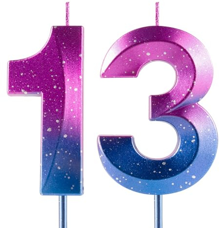 Velas de cumpleaños número 13 Galaxy gradiente feliz cumpleaños lila azul gradiente vela premium cera y diseño de diamantes 3D decoración para fiestas de aniversario
